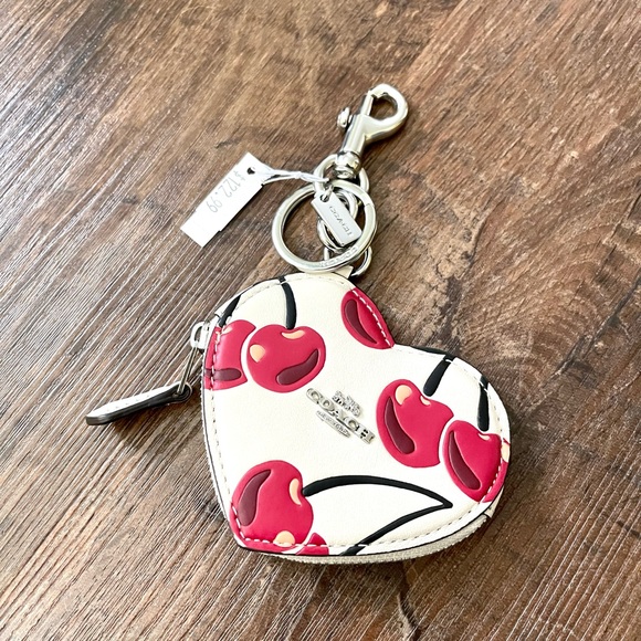 NWT Limited Coach CZ091 Leather Heart Coin Pouch Bag Charm With Cherry Print - Picture 4 of 6